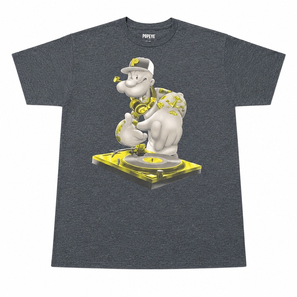 Popeye the Sailor DJ Hip Hop Graphic T-Shirt Charcoal Heather Blue BlaCJ XL